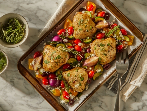 Roasted chicken thighs and vegetables sitting on a parchment lined baking sheet