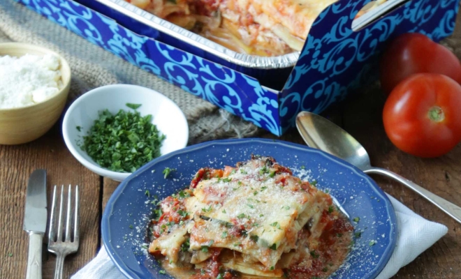 Lasagna on a blue plate