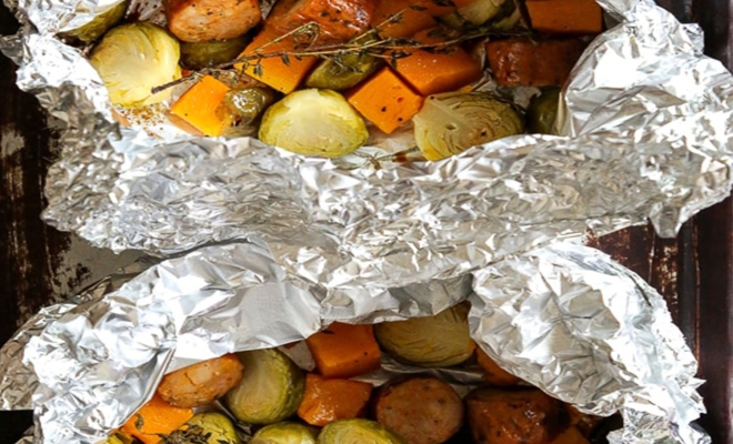 
Spicy Sausage Brussels Sprouts and Butternut Squash Foil Packets 
