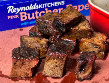 Chuck Roast Burnt Ends sitting on a piece of butcher paper alongside a box of Reynolds Kitchens Butcher Paper